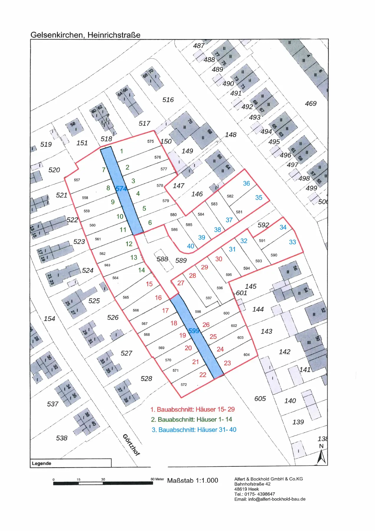 Lageplan des Baugebiets Görtzhof in Gelsenkirchen mit 40 Häusern in drei Bauabschnitten